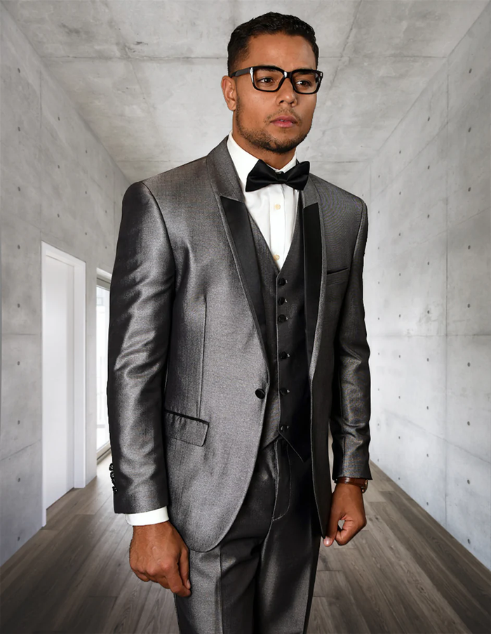 Gray Prom Suit - Mens 2 Button Vested Half Shawl Tuxedo in Silver Sharkskin