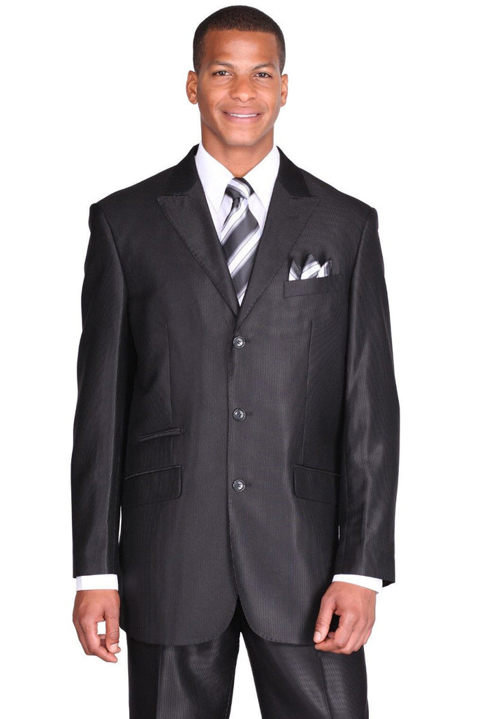 Mens 3 Button Peak Lapel Shiny Sharkskin Micro Pinstripe Suit in Black