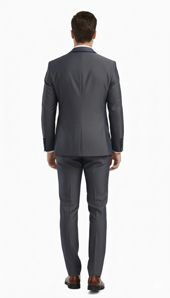 Men’s Charcoal Gray with blue Trim Slim Fit 3-Piece Suit – Modern Wedding and Business Formal Tuxedo Set