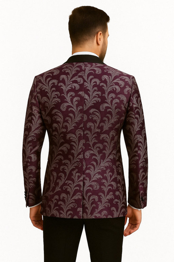 Mens Purple and White Paisley Floral Brocade Tuxedo Jacket - Suit with Satin Lapel Wtih Black Pants