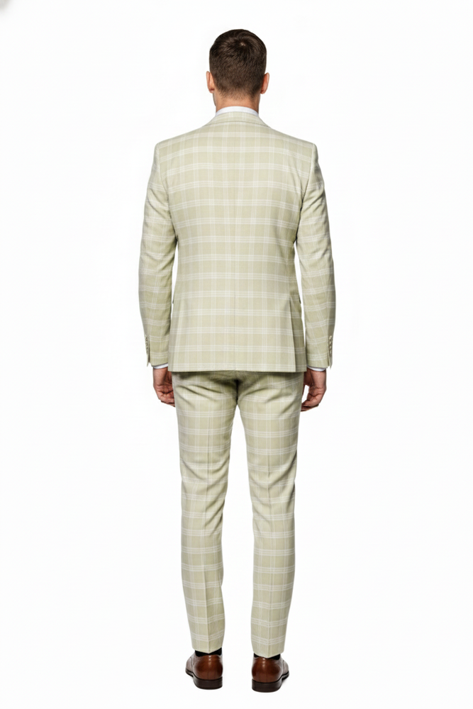 Men’s Light Beige Check 3-Piece Suit Set – Premium Tailored Fit Formal Wedding and Spring Event Suit Light Tan Sand Color By Rossiman