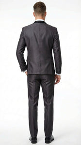 Men’s Shiny Sateen Charcoal Gray Tuxedo 3 Piece Suit with Black Shawl Lapel | Formal Wedding Prom Suit Sharkskin