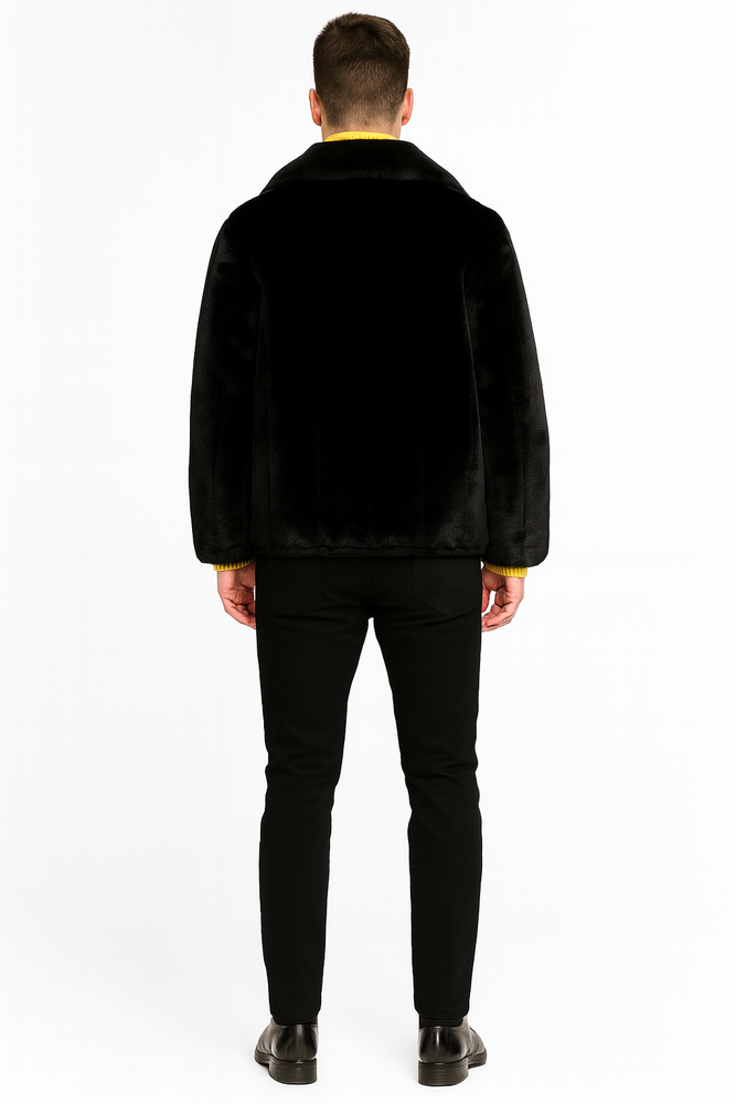 Men’s Black Faux Fur Jacket – Luxury Winter Zip-Up Coat with Soft Plush Finish