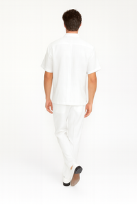 Men’s Linen White Embroidered Guayabera Two-Piece Set – Short Sleeve Shirt and Pants - Summer Walking Suit