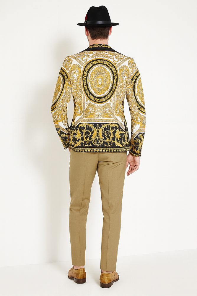 Men’s Black and Gold Baroque Blazer with Matching Pants, Hat, and Shoes – Luxury Party and Wedding Outfits Set