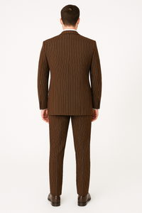 Men’s Brown Pinstripe 3-Piece Suit – Classic Fit Business Suit with Vest & Notch Lapel Blazer