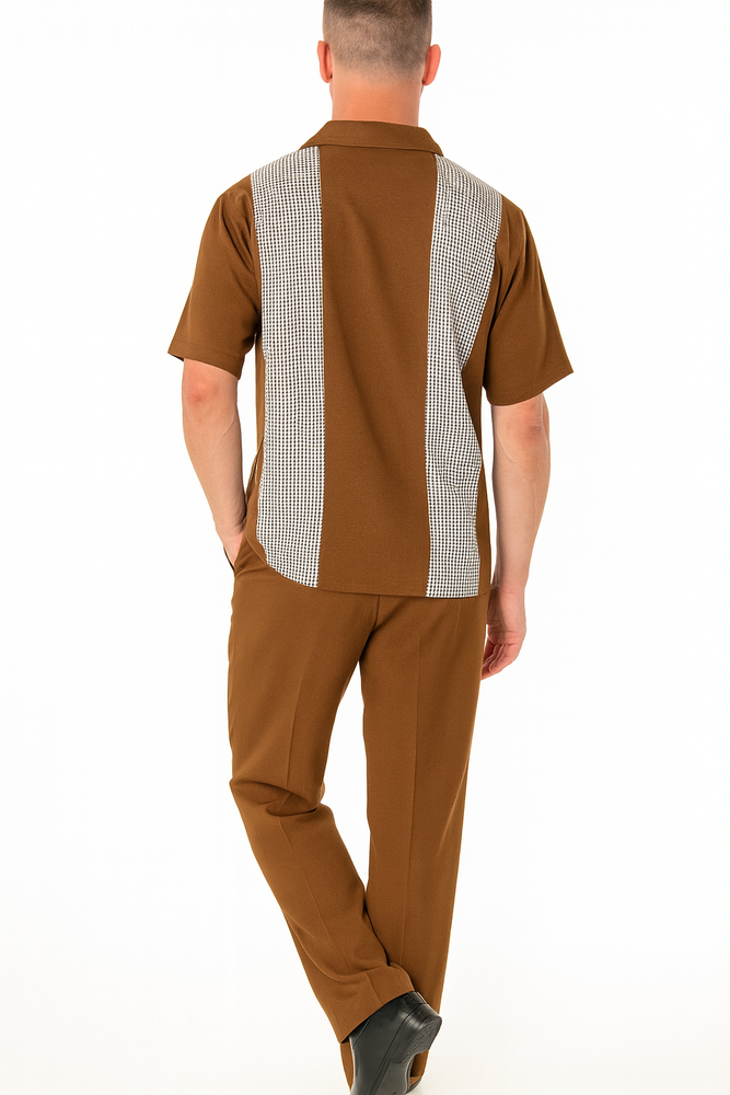 Men’s Cognac Tan Two-Piece Outfit – Short Sleeve Button-Up Shirt and Pants Set