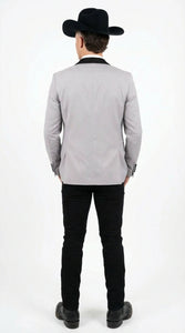 Men’s Light Gray Cowboy Tuxedo with Black Satin Lapel – Western Formal Suit with Double Breasted Vest