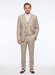 Men’s Light Tan Tweed Great Gatsby 3 Piece Suit – Vintage Vested Wedding Suit, 1920s Classic Formal Outfit Herringbone