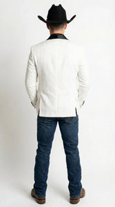 Men’s White Cowboy Blazer with Black Shawl Lapel – Western Formal Jacket for Wedding and Special Events
