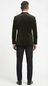 Men’s Black Velvet Dinner Jacket Blazer with Satin Lapel – Formal Evening Tuxedo Style Jacket Polk Dots Pattern + Free bowtie