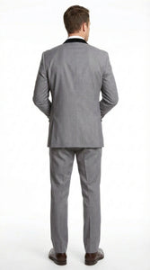 Men’s Light Gray Three Piece Suit with Black Chesterfield Collar  – Classic Formal Wedding and Business Suit Set 1920s Vintage