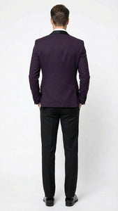 Men’s Eggplant Plum Purple Tuxedo Blazer with Satin Lapel, White Tuxedo Shirt and Matching Purple Bow Tie - Slim Fitted - Prom wedding Suit With Pants