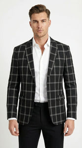 Men’s Black Windowpane Check Blazer – Black Plaid Formal Blazer Jacket for Business, Wedding and Smart Casual Style
