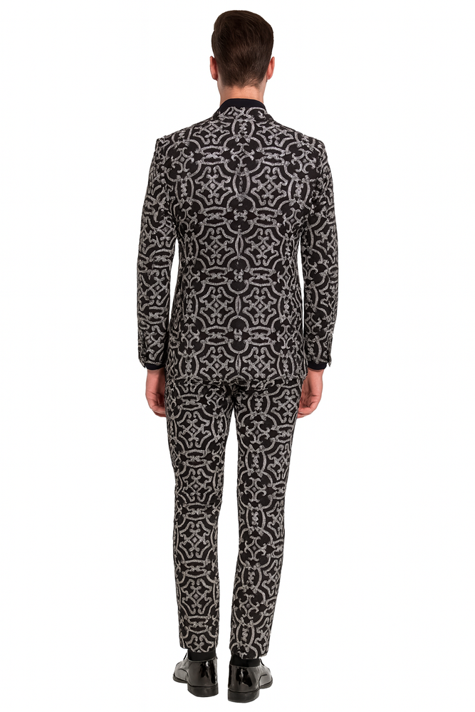 Men’s Black and Silver Sequin Tuxedo – Slim Fit 2-Piece Party and Wedding Suit with Sparkling Design- Black and White Color