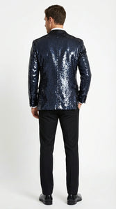 Men’s Navy Sequin Blazer – Navy Blue Sparkle Sequin Formal Blazer with Satin Lapel for Prom, Party and Evening Events