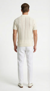 Mens Cream Ivory Off White Knit Walking Suit Set – Lightweight Short Sleeve Shirt and Pants Outfit for Summer, Vacation and Casual Wear