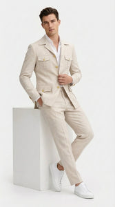 Mens Tan Beige Safari Military Walking Suit Set – Casual Two Piece Outfit Lightweight Summer Blazer and Pants Set Classic Casual Wear
