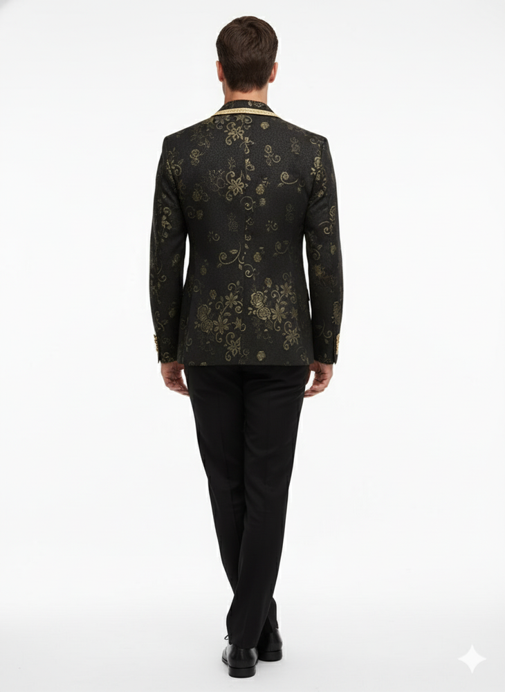 Men’s Black and Gold Embroidered Luxury Blazer – Designer Floral Pattern Wedding & Party Jacket (Sim534)