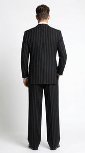Men’s Black Pinstripe 3-Piece Suit Wool Suit  – Classic Fit Single Button Suit with Wide Leg Pleated Pants By Tiglio Russo