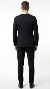 Men’s Black Suit with Gold Lapel – Luxury Formal Tuxedo Style Suit for Wedding, Prom, Party and Evening Wear