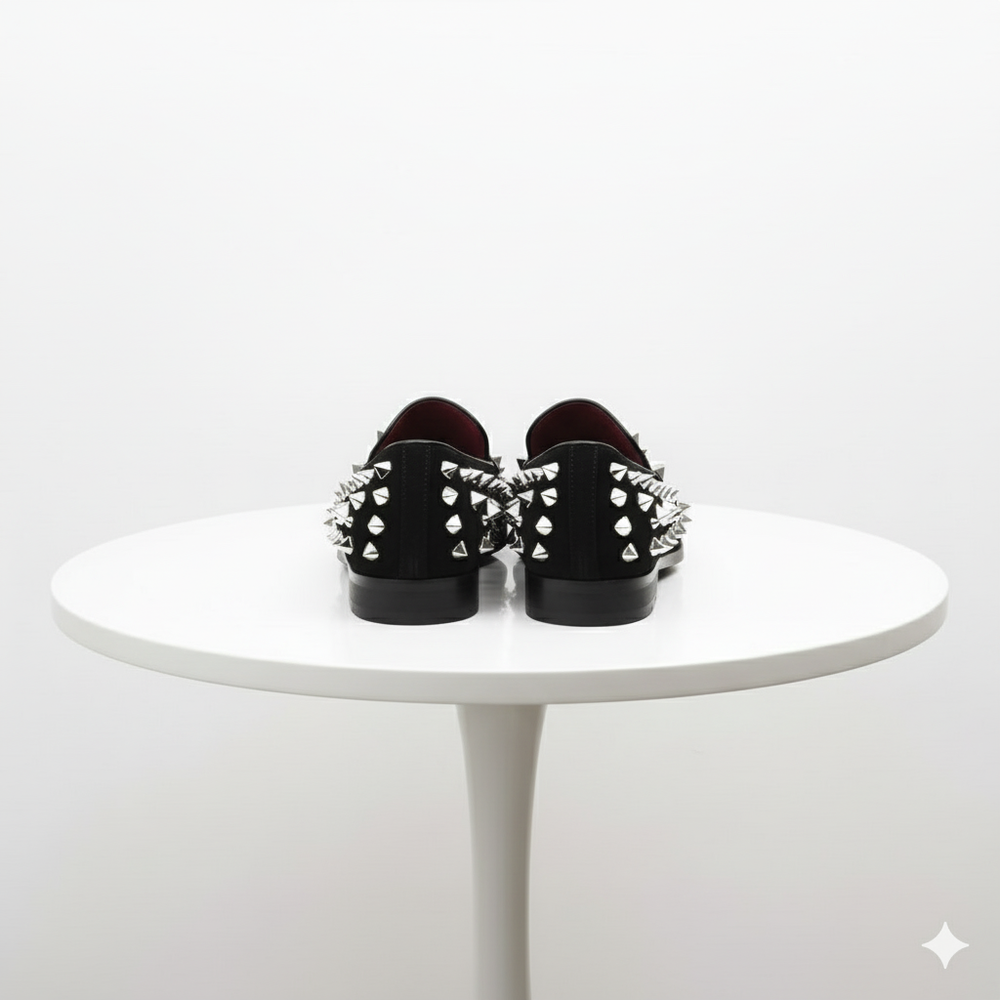 Men’s Black Studded Loafers with Silver Spikes – Luxury Slip-On Dress Shoes for Parties and Formal Events