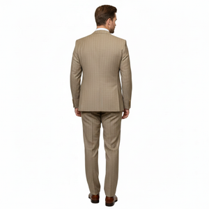 Men’s Beige Pinstripe Three-Piece Suit – Classic Fit Formal Suit with Vest and Flat-Front Pants in Tan Stripe By Rossiman