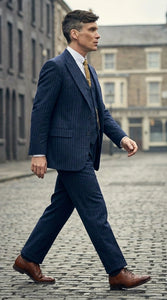 Men’s Navy Blue Pinstripe 3 Piece Suit, Thomas Shelby Inspired Vintage Formal Suit for Weddings, Parties, Prom, and Special Events