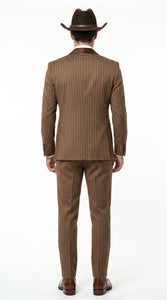 Men’s Brown Pinstripe Western Cowboy Tuxedo, Contrast Shawl Lapel Formal Suit for Weddings, Prom, Parties, and Special Occasions