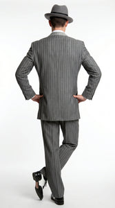 Men’s Grey Pinstripe 1920s Gangster 3 Piece Suit, Contrast Lapel Vintage Formal Suit for Parties, Prom, Weddings, and Theme Events