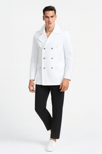 Men’s White Double-Breasted Peacoat Jacket – Classic Stylish Outerwear Wool Fabric Slim Fitted