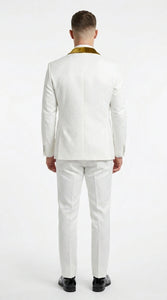 Men’s White Paisley 3 Piece With Vest Prom Tuxedo with Gold Velvet Shawl Lapel, Formal Wedding Suit Set