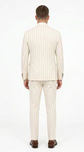 Men’s Cream Off White Pinstripe Linen Pinstripe 2 Piece Double Breasted Suit, Summer Wedding Ivory Color By Vitali