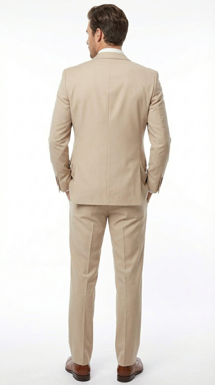 Men’s Tan Beige 3 Piece Tuxedo Suit – Beige Formal Suit Set with Vest, Patterned Lapel and Tie for Wedding, Prom in Tan Khaki Color