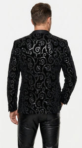 Men’s Black Velvet Sequin Swirl Dinner Jacket – Blazer Paisley Sparkly