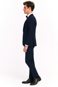 Men’s Navy Blue Tuxedo with Satin Peak Lapel With Matching Color Lapel Sateen – Formal 2 Piece Suits