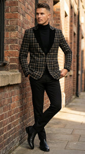 Mens Tartan Black and Gold Check Blazer – Windowpane Plaid Sport Coat Velvet Lapel Formal Party Jacket Chirsitmas New Year Holiday Jacket
