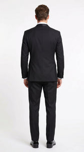 Men’s Black Double Breasted Evening Wear Suit with Satin Shawl Lapel and Red Pocket Square