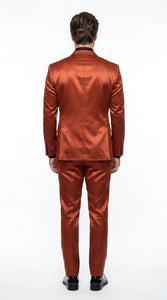 Men’s Rust Copper Coganc Shiny Sateen 3 Piece Suit, Vested Formal Wedding Prom Suit Set Ultra Slim Fit
