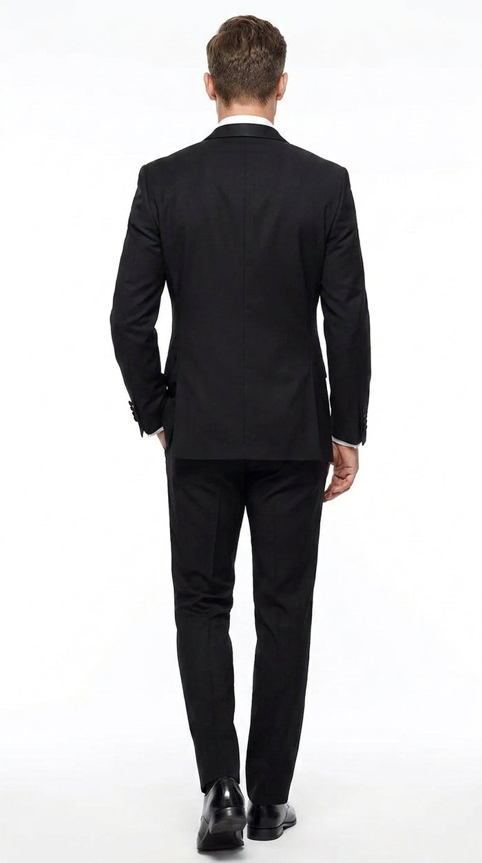 Men’s Black Uniform Tuxedo – One-Button Satin Lapel Formal Suit for Weddings, Prom and Events