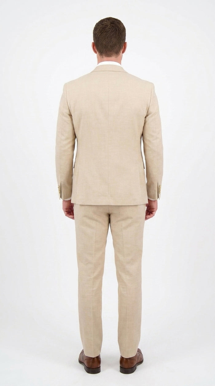 Men’s Khaki Tan 3-Piece Groomsmen Suit – Wedding Suit with Double-Breasted Vest and Pants Great Gatsby Style Gold buttons