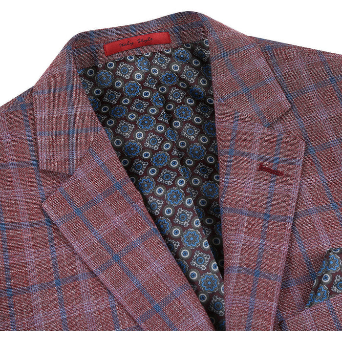 Mens Two Button Classic Fit Sport Coat Blazer in Burgundy Red Windowpane Plaid