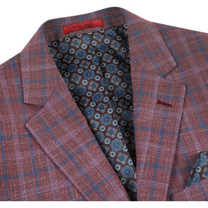 Mens Two Button Classic Fit Sport Coat Blazer in Burgundy Red Windowpane Plaid