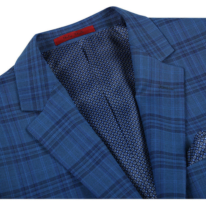 Mens Two Button Slim Fit Sport Coat Blazer in Medium Indigo Blue Windowpane Plaid