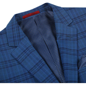 Mens Two Button Slim Fit Sport Coat Blazer in Medium Indigo Blue Windowpane Plaid