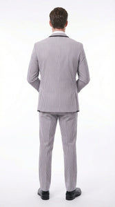 Mens Black and White Pinstripe Wedding Tuxedo Suit – Three Piece Formal Suit Set with Contrast Trim for Groom, Prom - Seersucker Summer Suit