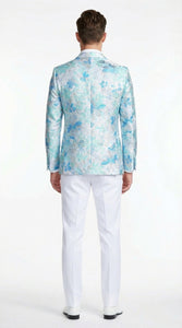 Men’s Light Blue Floral Jacquard Tuxedo Jacket with Matching Bow Tie | Formal Prom Wedding Blazer + Bowtie Turqoise Aqua Color