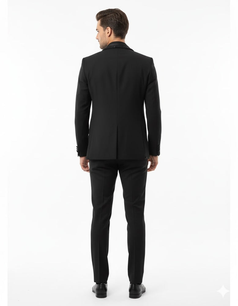 Mens Classic Black Designer Tuxedo Suit with Beaded Lapel – Elegant Formal and Party Wear Jacket and Pants