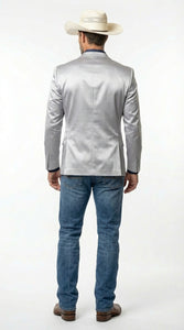 Mens Shiny Silver Cowboy Blazer – Western Style Satin Finish Blazer for Party, Country Events and Evening Wear