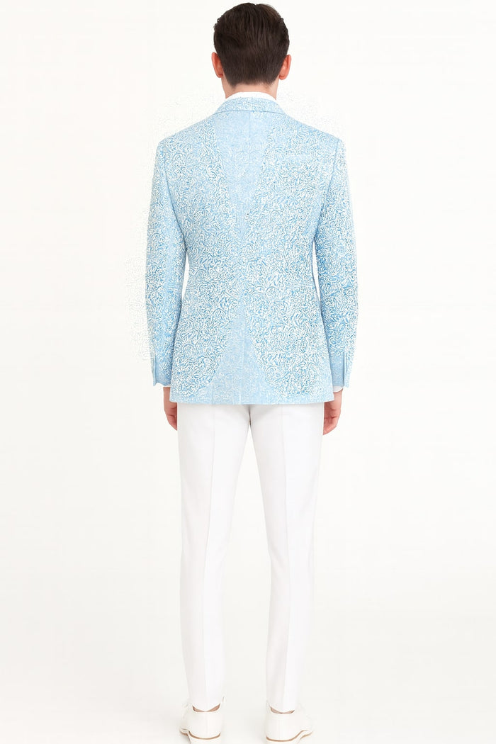 Mens Light Blue Paisley Tuxedo Jacket with Matching Bow Tie – Slim Fit Blazer for Weddings, Prom, and Formal Events